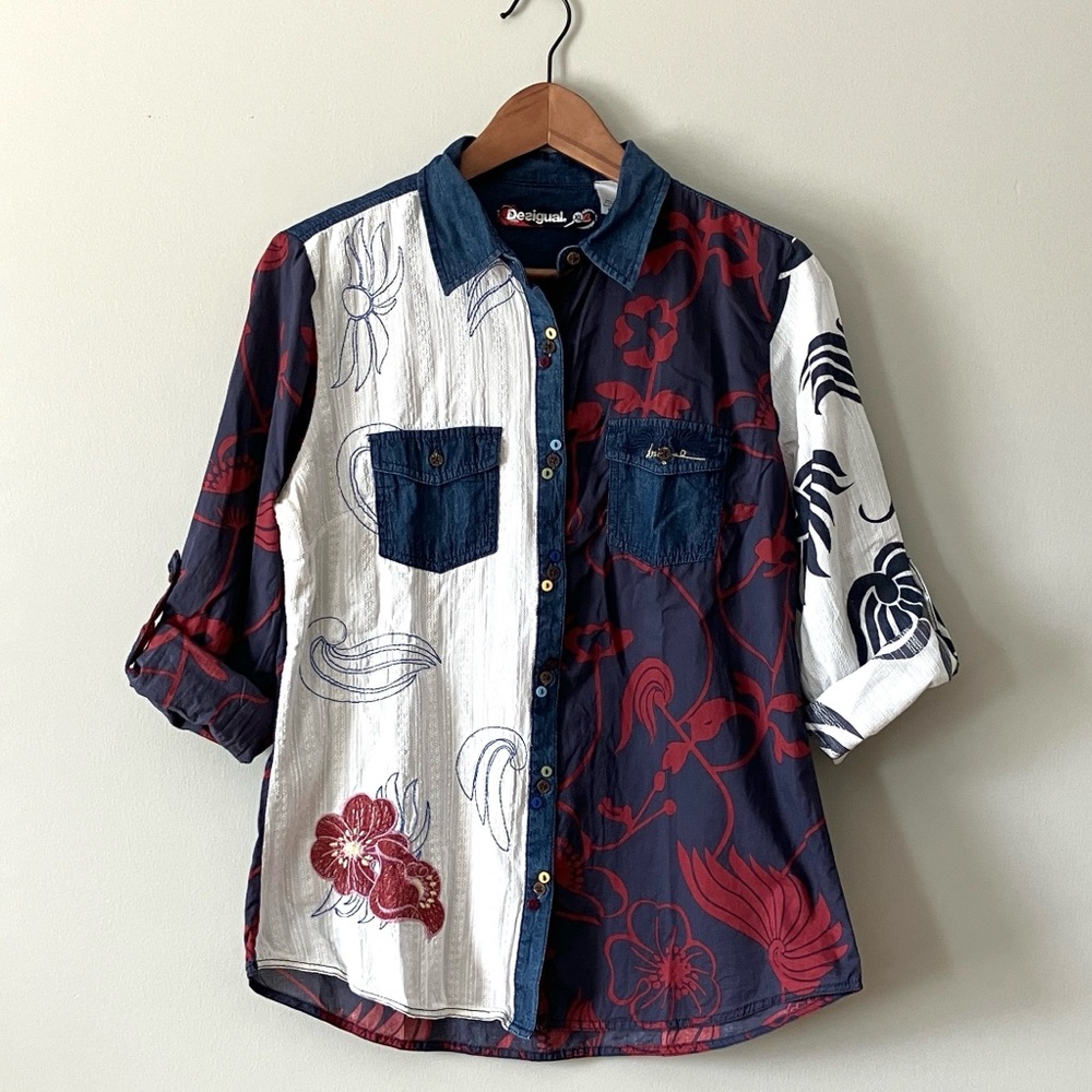 Desigual Navy and White Roll-Tab Floral Shirt